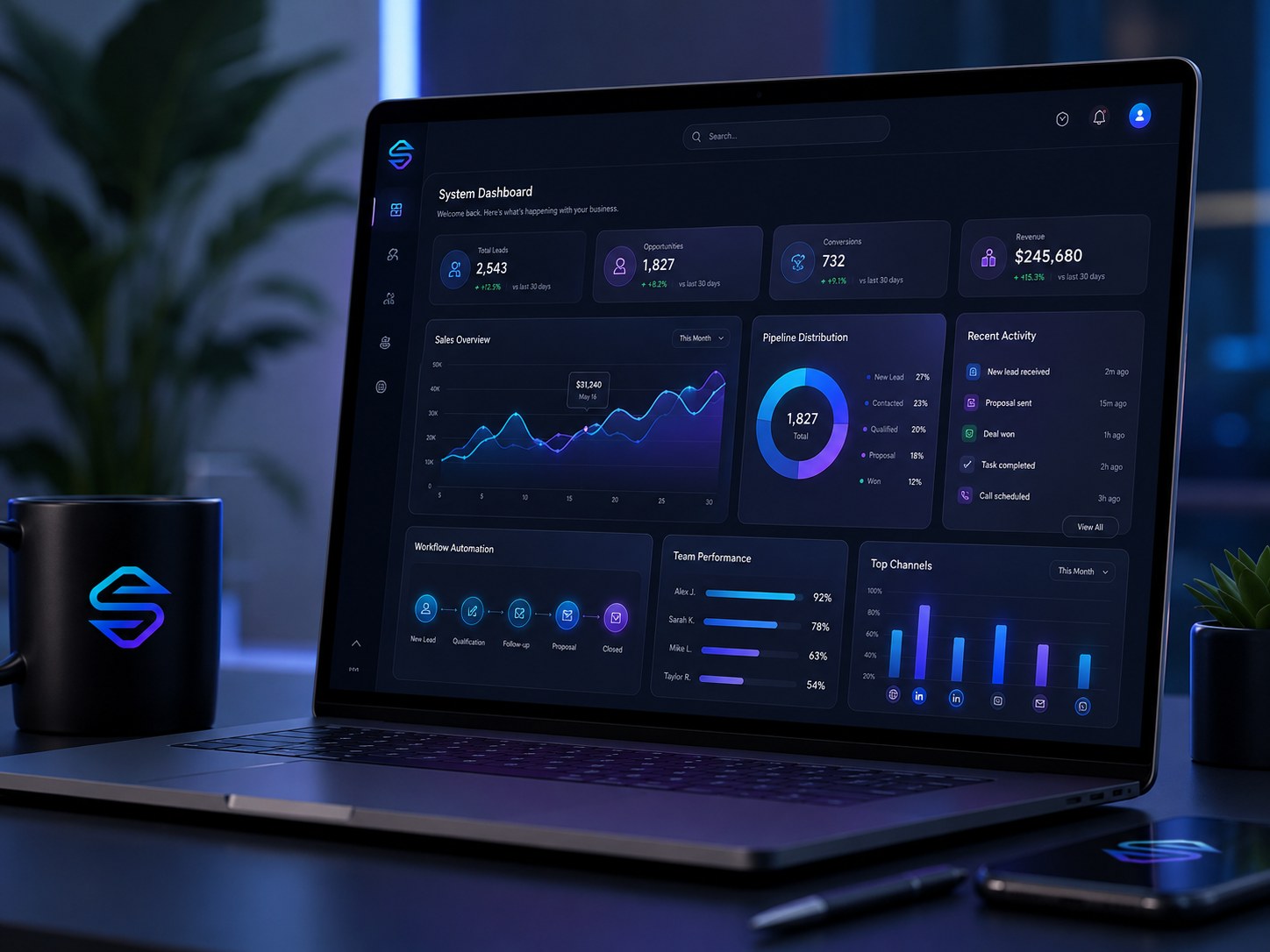 Custom business dashboard and CRM analytics interface